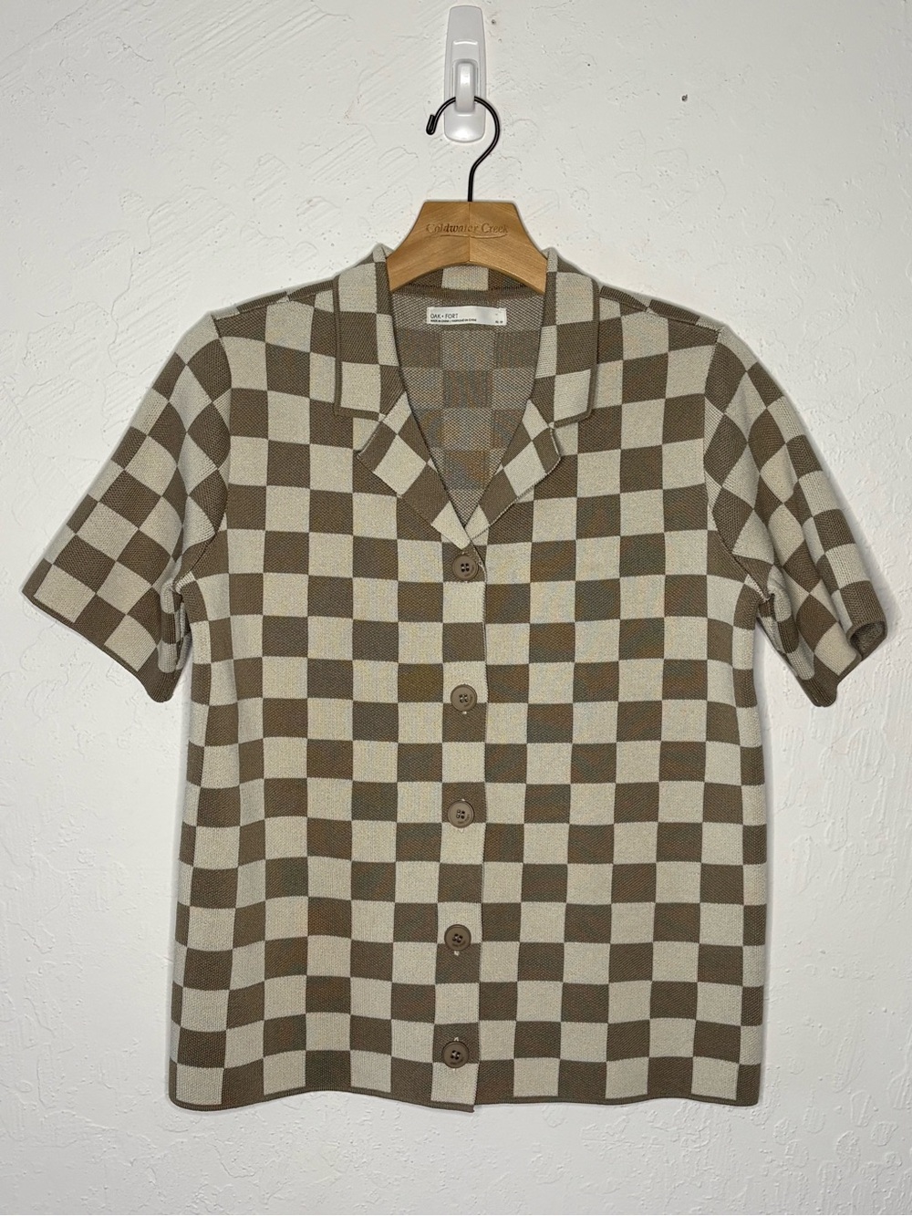 Oak + Fort Women XS Checkerboard Button Down Top Brown & Ecru Short Sleeve